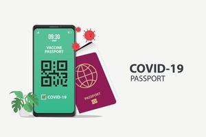 vaccination passport and smartphone with vaccine mobile app. Free travel after pandemic. Covid-19 vaccination requirement. Electronic health passport QR code. Immune document in the airport vector