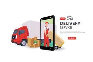 Delivery man with a box and white Van car. Vector illustration in flat style