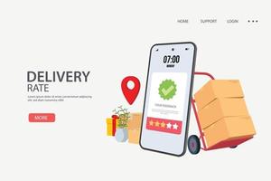 Delivery Rate or mobile shopping app concept, young man consumer holding credit cart pushing full of goods and box packages in shopping cart trolley running from website or app on mobile smart phone