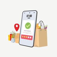 Rating stars on a smartphone with food on the background. Mobile phone with star on screen, 3d vector illustration, line art, web banner
