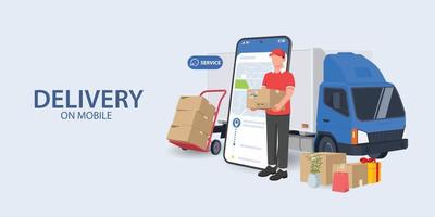 Men delivery service courier and truck shipping with a mobile smart phone vector