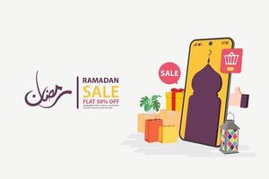 Ramadan sale banners on mobile, discount and best offer tag, label or sticker set on occasion of Ramadan Kareem and Eid Mubarak, vector illustration