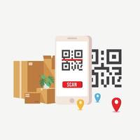 QR Scan tracking smartphone with map on screen, various types of transport and location mark. Order delivery online tracking