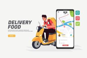 Fast and free delivery by scooter. Perfect for landing page, Delivery man and smartphone tracking website, banner, background, application, poster, on mobile vector
