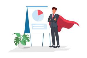 Super businessman or manager standing on the top of the graph. Superman high in the sky among the clouds. Vector