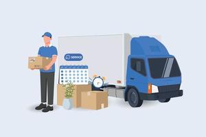 Date of Delivery service courier and truck shipping with a mobile smartphone on blue background vector