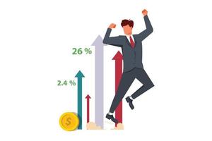 Profitable investment, funding flat vector illustration. Stock market income. Successful businessman standing on coins stack. Millionaire banker, financier cartoon character. Diagram, graph growth