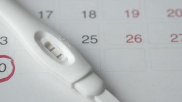 kit de teste de gravidez em um calendário close-up