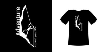 Rock climber figure on dark cloth with the text adventure expand your life.T-shirt vector design, can be customized for different background colors