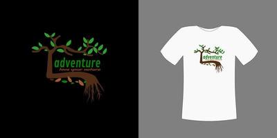 T-shirt design vector, with tree image on dark or light cloth with adventure love the nature text, customizable for different background colors vector