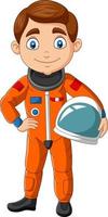 Cartoon boy astronaut holding helmet vector