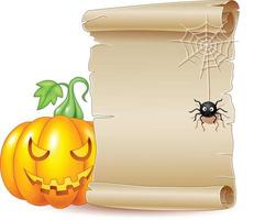 Halloween scroll banner with scary pumpkin and spider vector