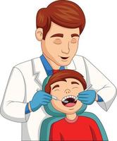 Cartoon little boy having his teeth checked by dentist vector