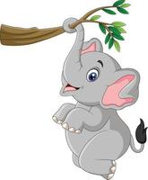 Cartoon funny elephant playing on a tree branch vector