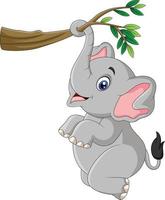 Cartoon funny elephant playing on a tree branch vector