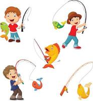 conjunto de niños pescando