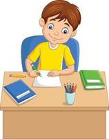 Cartoon little boy studying on the table vector