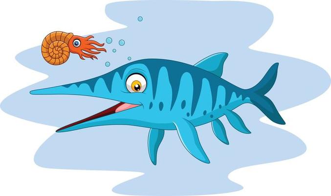 Cartoon smiling ichthyosaurus and nautilus