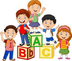 Happy school children with alphabet blocks vector