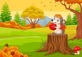 erizo de dibujos animados con manzana roja en el bosque de otoño vector