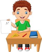 Cartoon little boy holding paper with A plus grade vector