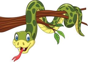 serpiente verde de dibujos animados en la rama de un árbol vector