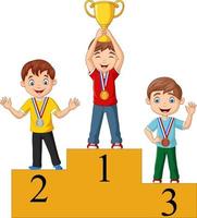 niños con medallas de pie en el podio y sosteniendo un trofeo vector