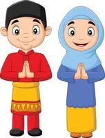 dibujos animados de niños musulmanes felices sobre fondo blanco vector