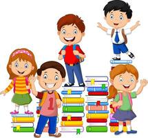 Happy schoolkids playing with stack of book vector