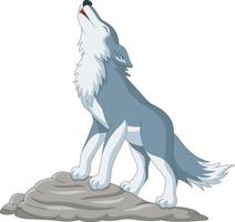 Cartoon wolf howling on the rock vector