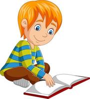 Cartoon little boy reading open book sitting on floor vector