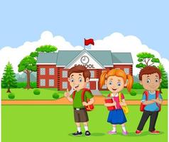 Happy school children in front of the school vector