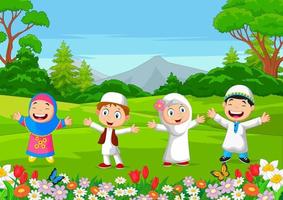 niños musulmanes felices jugando en el parque vector