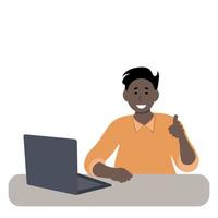 Portrait of black happy student with laptop, flat vector on white background