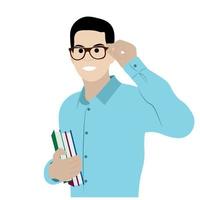 Portrait of student with glasses and with books, flat vector isolated on white background, happy student