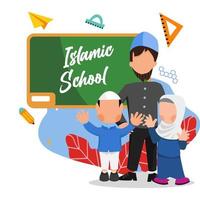 islamic school kids and teacher illustration vector