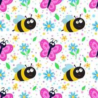 Seamless pattern with butterfly, bee and flowers. Repeating vector pattern with insects. An idea for holiday invitations,children's creativity, for paper, fabric, textiles, gift wrapping, advertising.