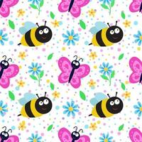 Seamless pattern with butterfly, bee and flowers. Repeating vector pattern with insects. An idea for holiday invitations,children's creativity, for paper, fabric, textiles, gift wrapping, advertising.