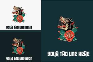 artwork design of head wolf with red rose vector illustration