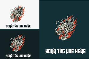 dragón de cabeza con diseño de ilustración de vector de logotipo de llama
