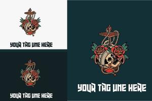 logo concept of head skull and red rose vector illustration design