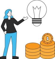 The girl stands with the idea of a bitcoin. vector