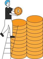 The boy keeping the bitcoins with the help of a ladder. vector