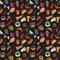 Doodle fast food icons. seamless pattern with food icons. Fast food set icons, fastfood background.  food icons on black background. hand drown vector pattern with fast food icons