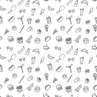 Doodle fast food icons. seamless pattern with food icons. Fast food set icons, fastfood background.  food icons on white background. hand drown vector pattern with fast food icons
