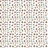 Doodle fast food icons. seamless pattern with food icons. Fast food set icons, fastfood background.  food icons on white background. hand drown vector pattern with fast food icons