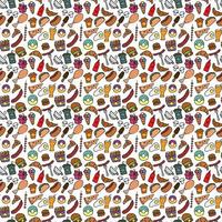 Doodle fast food icons. seamless pattern with food icons. Fast food set icons, fastfood background.  food icons on white background. hand drown vector pattern with fast food icons