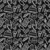 patrones sin fisuras con dulces. Doodle vector con iconos de dulces sobre fondo negro. ilustración de dulces vintage, fondo de elementos dulces para su proyecto, menú, cafetería