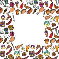 Colored seamless fast food pattern with place for text.Doodle vector with fast food icons on white background.Vintage fast food illustration, sweet elements background for your project, menu,cafe shop