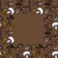 Seamless vector colored pattern with mushrooms. Doodle vector with mushroom icons on brown background. Vintage mushroom pattern